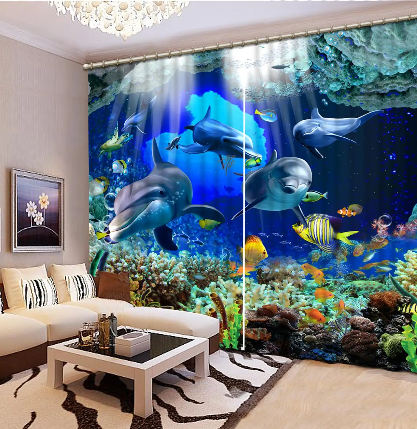 

Modern Children room Curtains Underwater World Dolphin Window Curtain Living Room Blackout Drapes