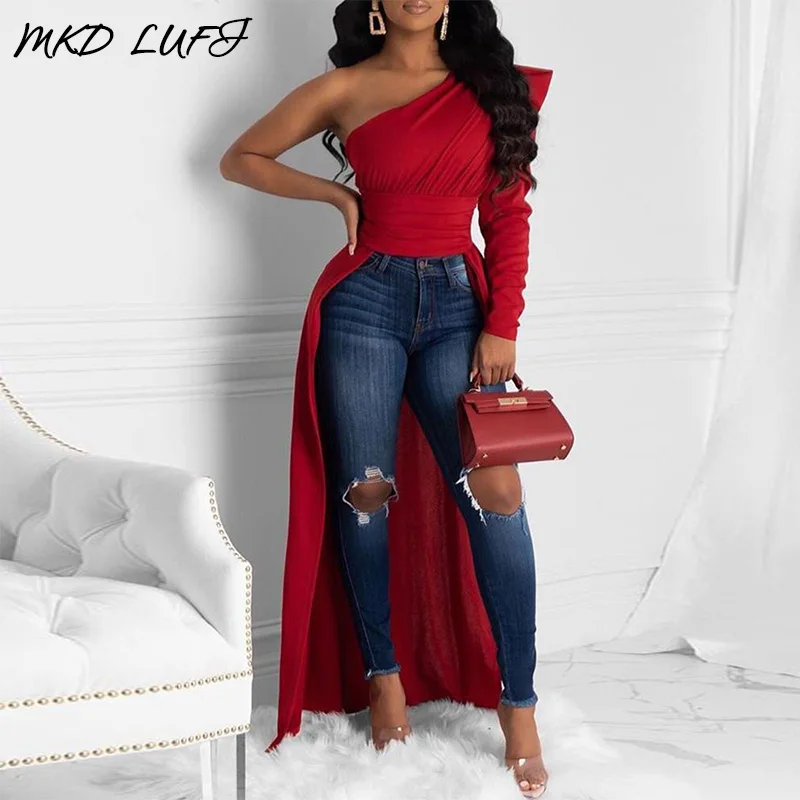 Однотонная блузка на одно плечо с глубоким подолом Женская Асимметричная