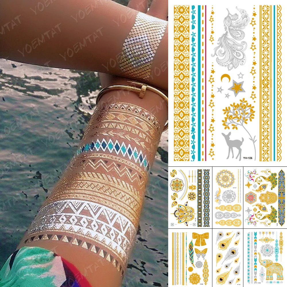 

Waterproof Temporary Tattoo Sticker Metal Gold Silver Bracelet Deer Star Moon Flower Flash Tatoo Women Henna Body Art Fake Tatto