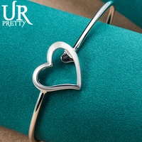 urpretty 925 sterling silver double love heart adjustable bangle bracelet for women party wedding engagement charm jewelry gift