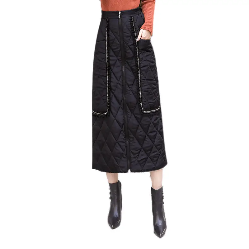 

Women Winter Thick Black Plaid Down Cotton Skirts One Step Package Hip Button Fashion Large Size 4XL Length Skirt Streetwear C4
