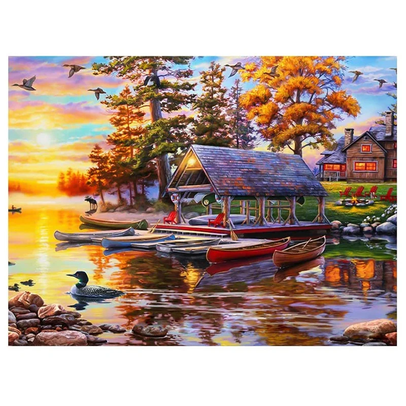 

Round Diamond Full Diamond Diamond Painting Set Living Room Dining Room Decoration Children DIY Lake House Boat