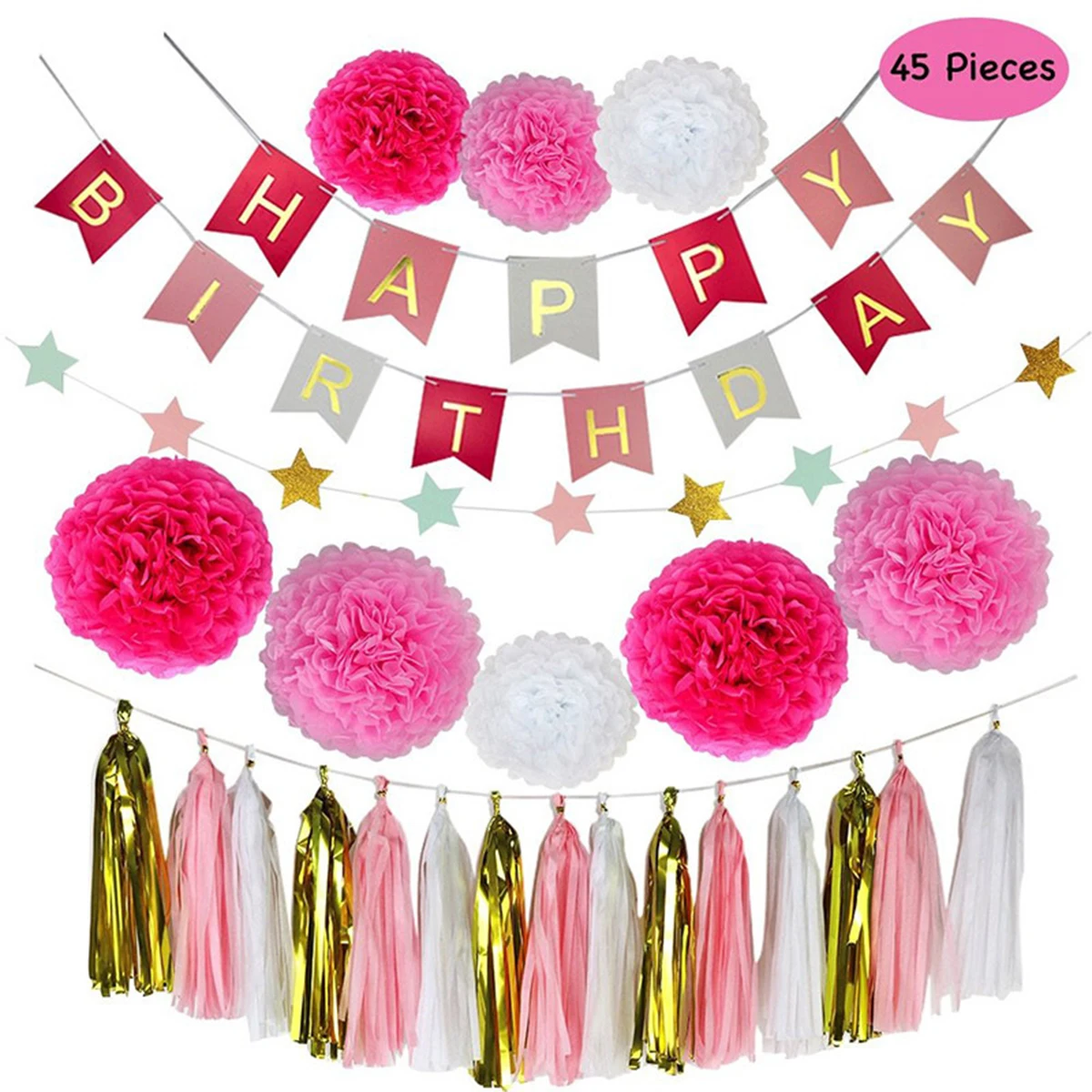 

1 Set Paper Flowers Happy Birthday Party Package Happy Birthday Letter Pull Flag Birthday Decoration Kit Five-pointed Star