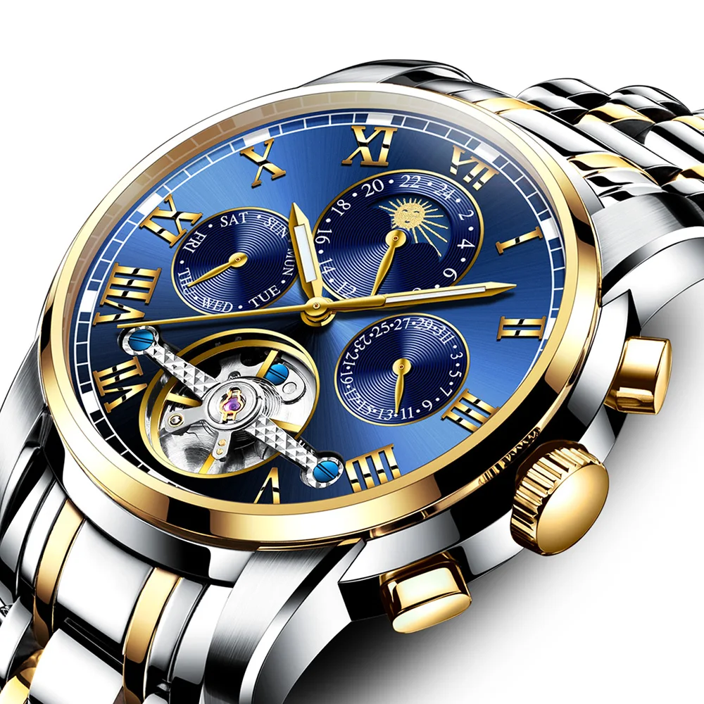 Watch For Men Automatic Mechanical Blue Dial Tourbillon Watches Waterproof Casual Fashion Wristwatches Business Date Wristwatch