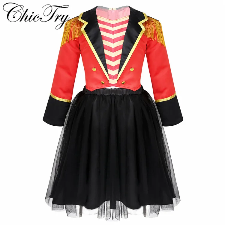 

6-12Y Kids Girls Circus Ringmaster Costume Long Sleeves Tassel Epaulette Jacket with Mesh Tutu Skirt Set for Halloween Carnival