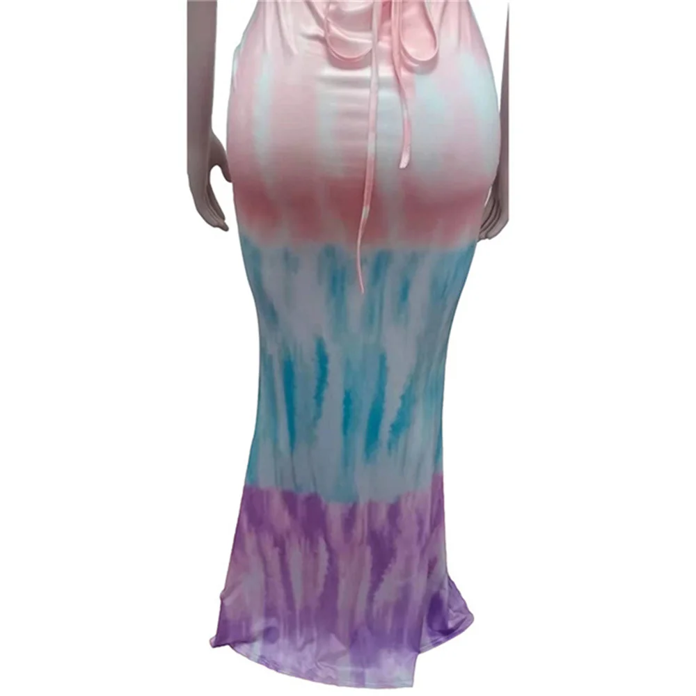 

RStylish 2021 New Arrivals Tie Dye Printed Women Elegant Backless Lace Up High Waist Floor-Length Sexy Summer Skinny Maxi Dress