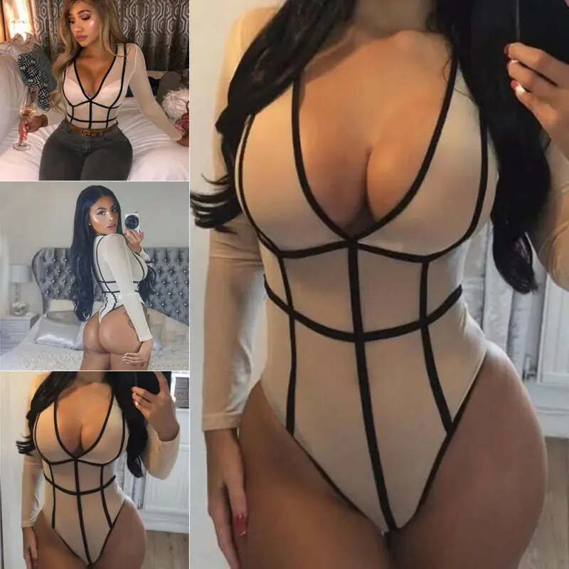 

Sexy Women Sheer Mesh Lingerie Body suit Strappy Plunge V Neck Leotard Tops Jumpsuit Catsuit