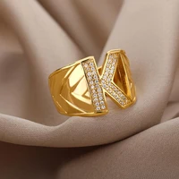hip hop zircon open initial letter rings for women men vintage adjustable gold color wide finger rings jewelry gift bijoux femme