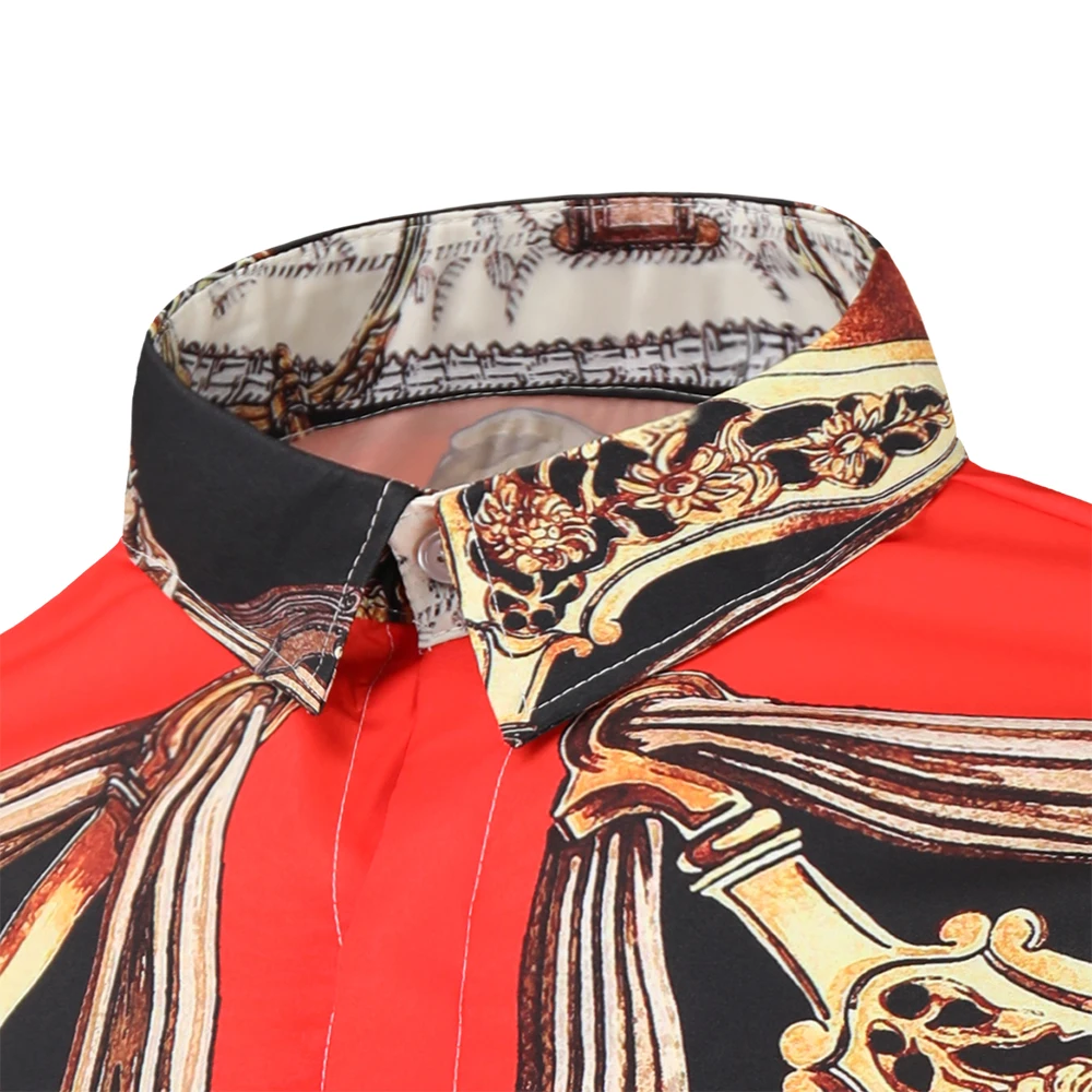 

Loldeal Long Sleeve Shirt Men Slim 3D Printing Color Matching Lapel Casual