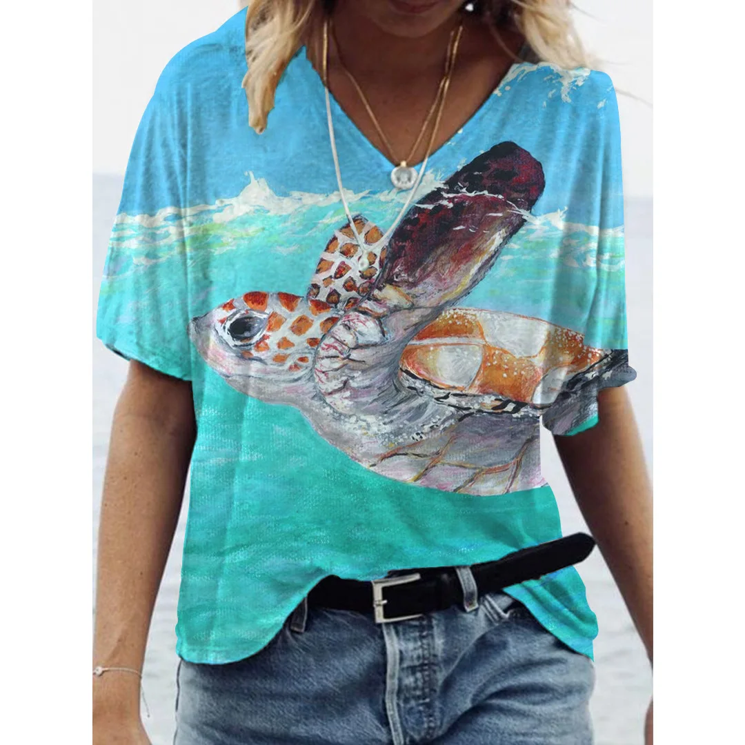 Sea Turtle 3d Print T-shirt Women Fashion Oversized T-shirts Casual Women Top Summer Tee Girl Short Sleeve V-Neck T shirt Loose