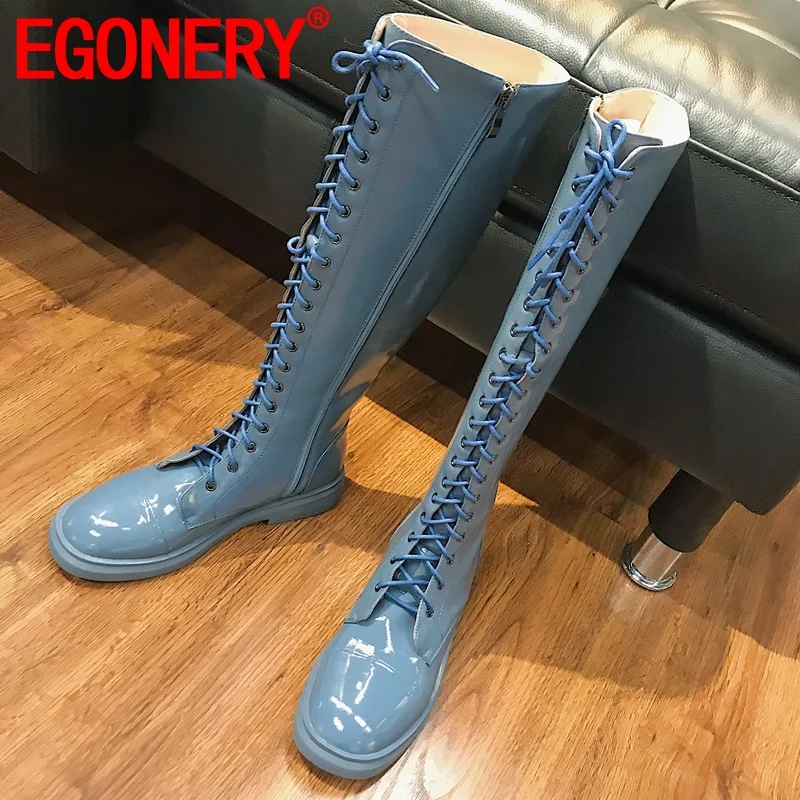 Harga EGONERY Kulit Sepatu Bot Setinggi Lutut Sepatu Wanita Fashion Musim Gugur Musim Dingin Biru Beige Black Lace-Up Sepatu Berkuda 34-39CN Drop Pengiriman