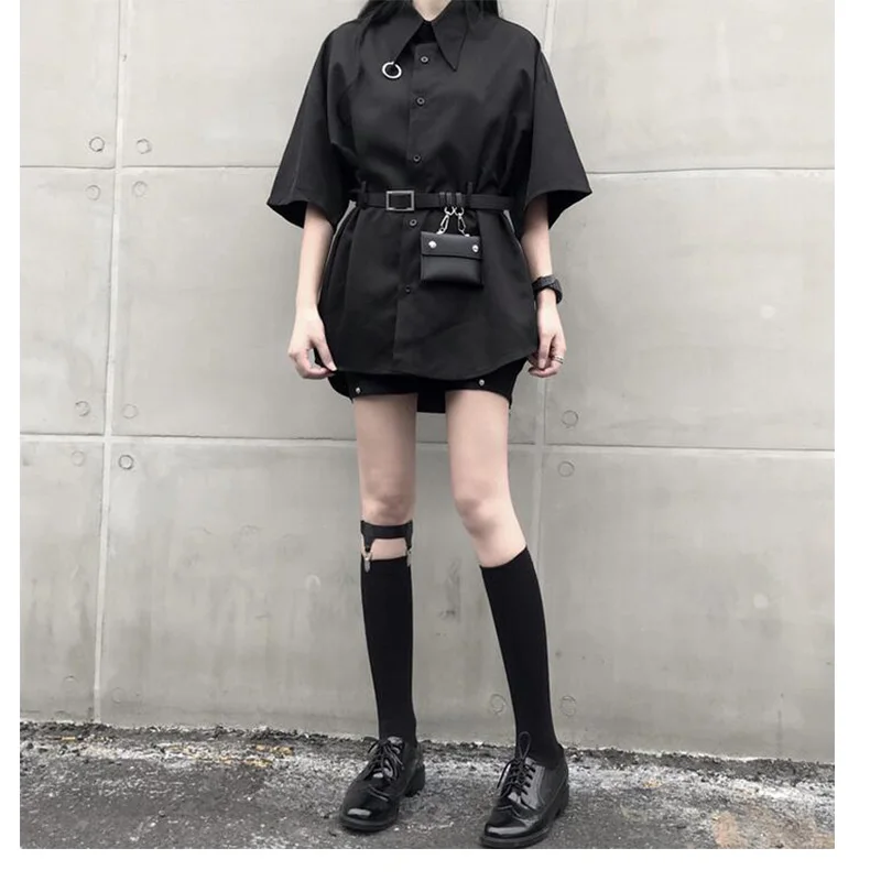 Винтажные женские топы в стиле Харадзюку с ремнем сумки черные повседневные