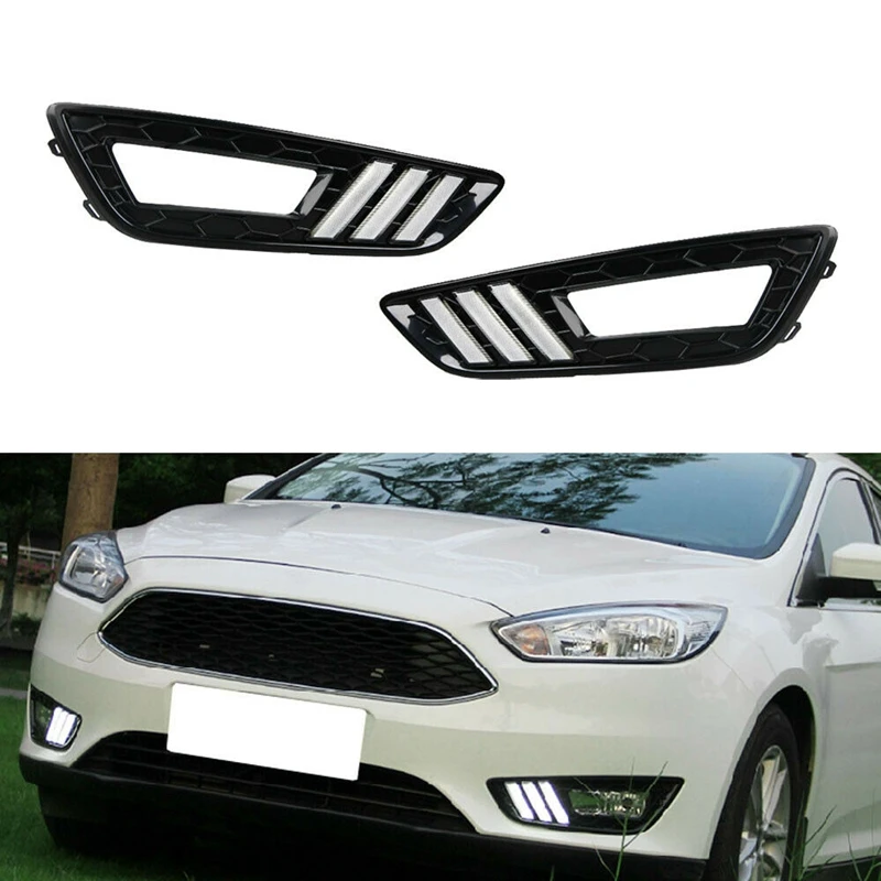 Дневные ходовые огни автомобиля For Ford Focus 3 2015 2016 2017 с поворотными сигналами и противотуманными фарами на более ярком светодиодном освещении, водонепроницаемые.