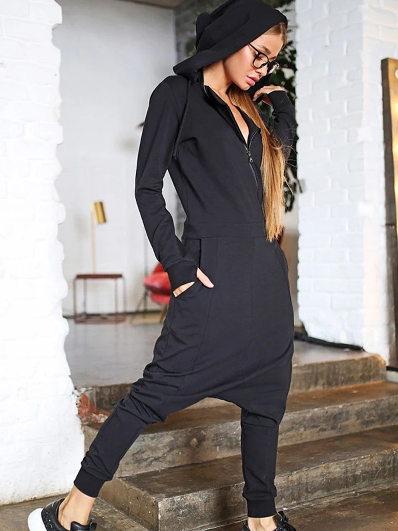 

Fashionable Zipper Hooded Jumpsuit Yoga Wear Ladies Hooded Polyester Solid Color Sportswear S9K0487