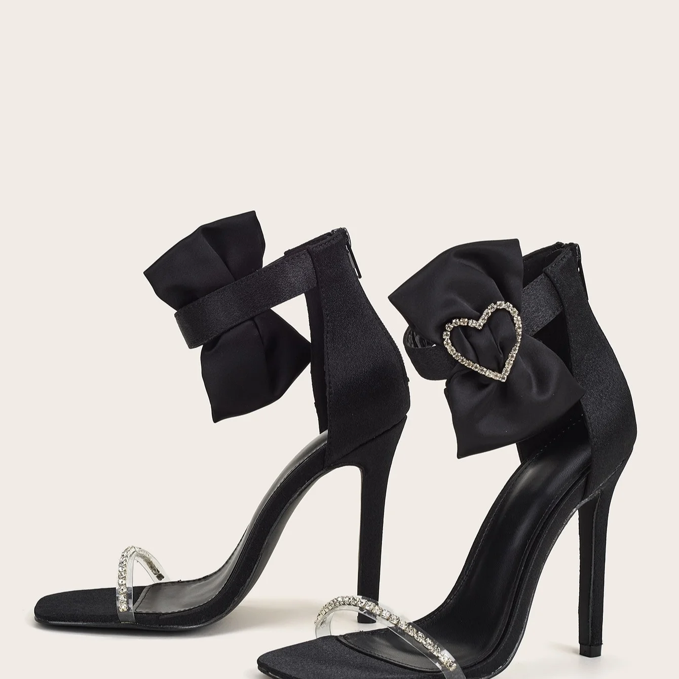 Crystal Hot Heart Buckle Bow-knot Pumps Woman Stiletto Super-high Heels Shoes Women Sandals Rhinestones Clear Band Talons 35-42