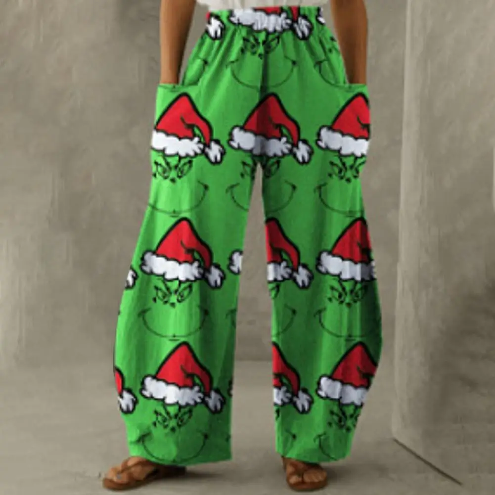 

2022 Women Christmas Print Trousers Elegant Waist Wide Leg Xmas Pants Big Pockets Christmas Tree Snowflake Print Casual Trousers