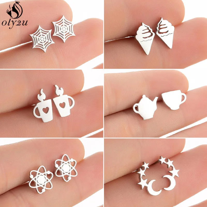 

New Fashion Spider Web Earrings Women Jewelry 2021 Cartoon Lighter Ice Cream Cup Earring Tiny Star Moon Studs Hallowmas Gifts