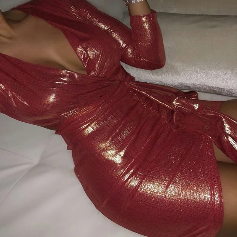 Модные металлические женские платья с длинным рукавом и v-образным вырезом
