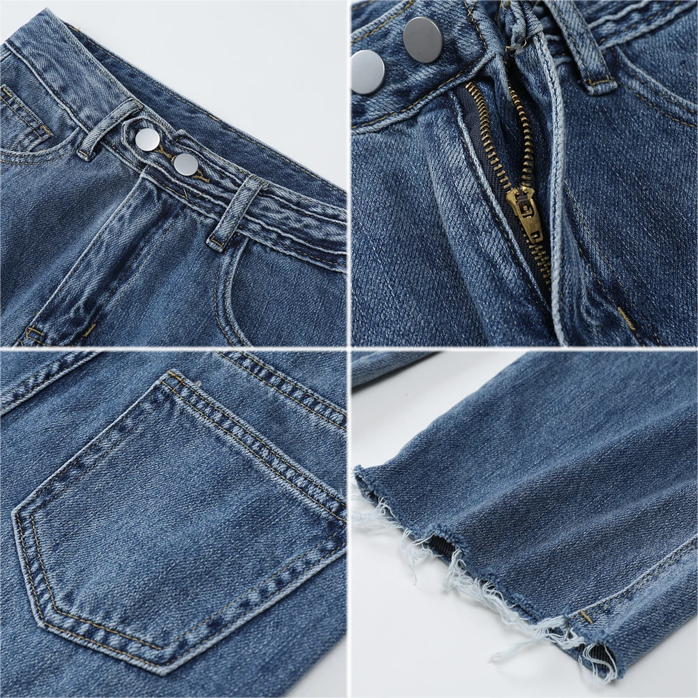 

Women's Jeans 2021 Spring Casual Streetwear High Waist Femme Denim Trouser Vintage Washed Blue Baggy Straight Pants For