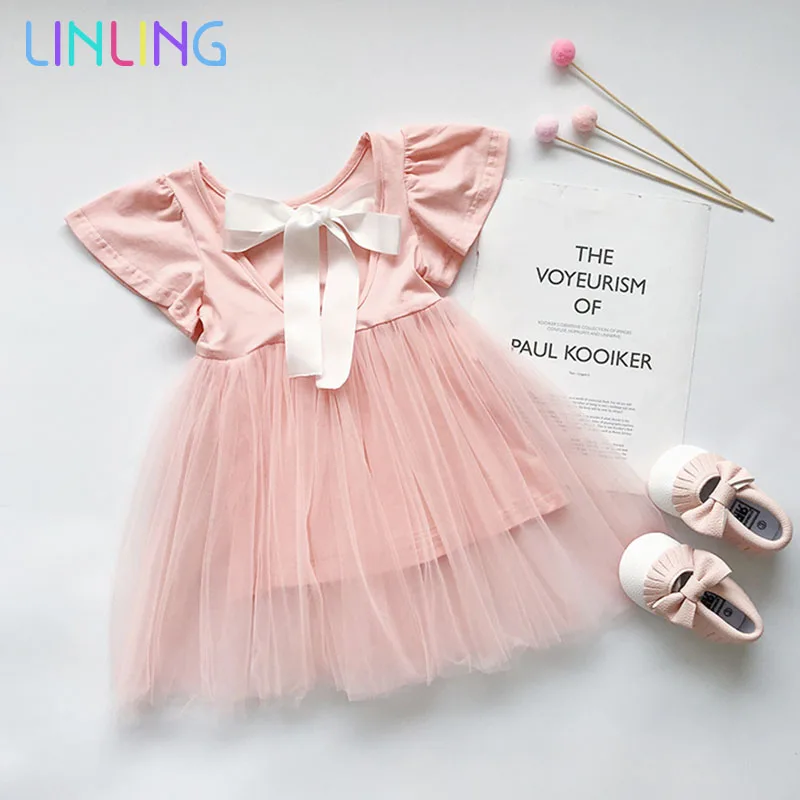 2020 Summer New Cute Girl Dress Mesh Toddler Kid Princess Party Print Back Bow Baby Kids | Детская одежда и обувь