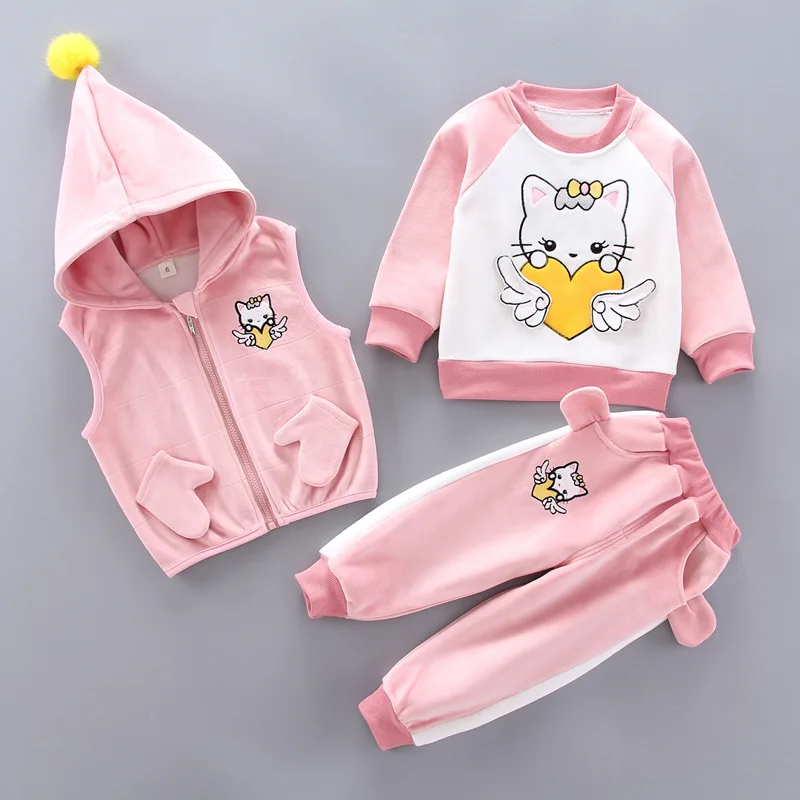 

Комплекты одежды для девочек, осенне-зимний детский милый толстый бархатный жилет, пальто, штаны, 3 шт., спортивные костюмы для маленьких дев...