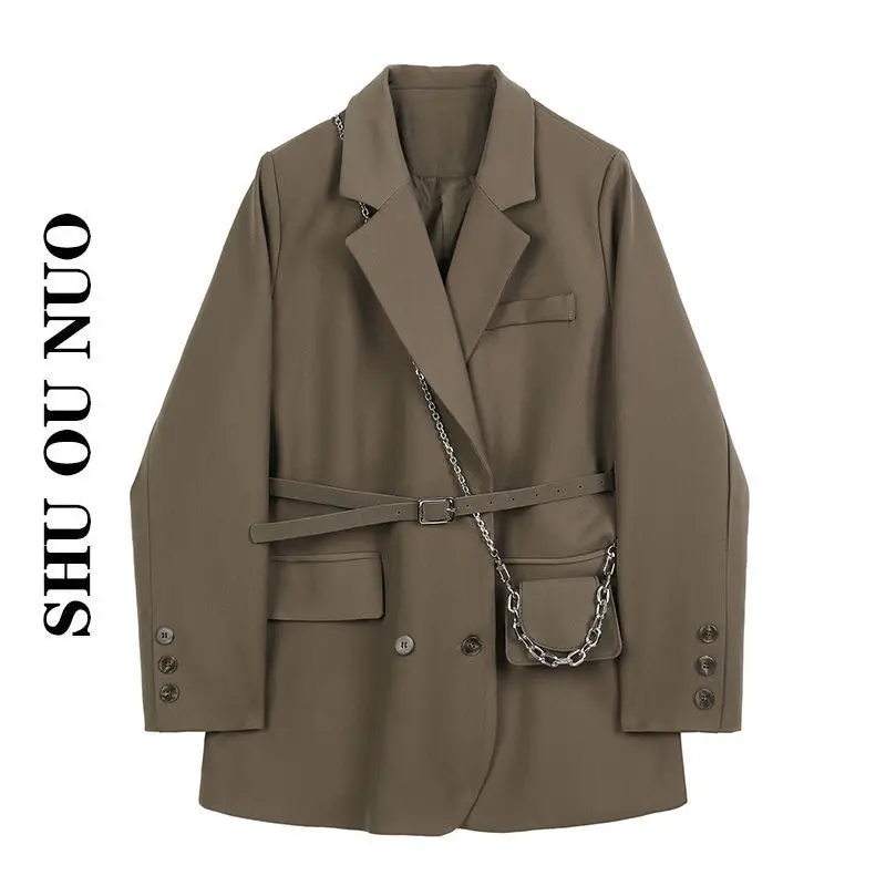 

Women Brown Pocket Big Size Blazer New Lapel Long Sleeve Loose Fit Jacket Fashion Tide Spring Autumn Y1125