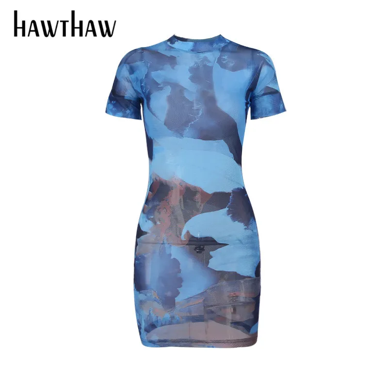 

Hawthaw Women Fashion Summer Short Sleeve Mesh See Through Printed Slim Package Hip Mini Dress 2021 Female Clothing Streetwear