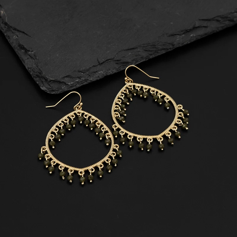 

Jaeeyin Hollow Jewelry Dark Green Beads Fish Hook New Fashion Bohemia Ethic Hoop Unusual Gift Statement Earrings For Women 2021