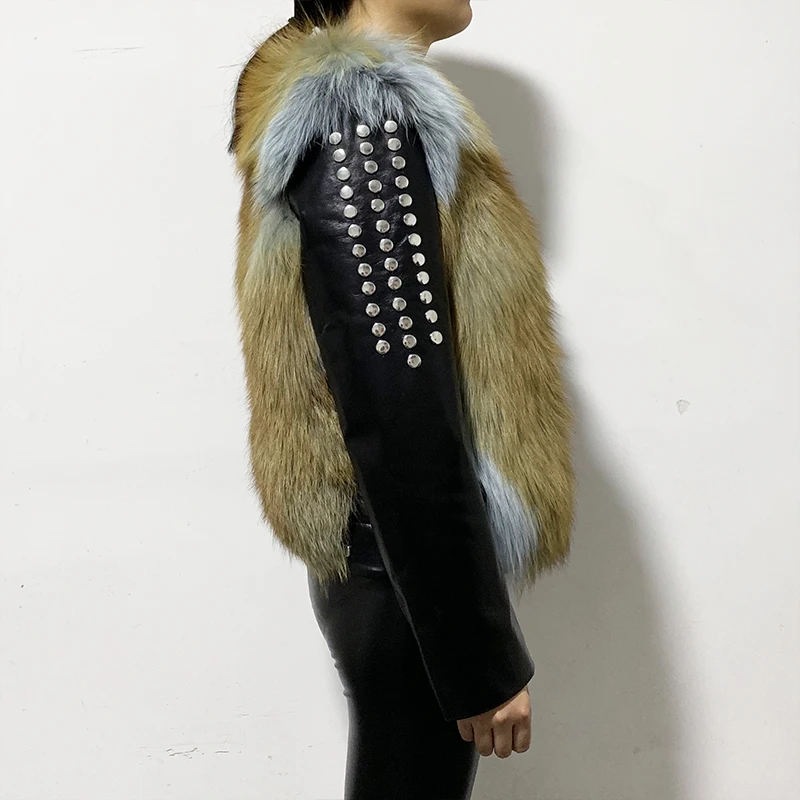 Rf2055 короткие Стиль Натуральная овечья кожа куртка из меха черно бурой лисицы