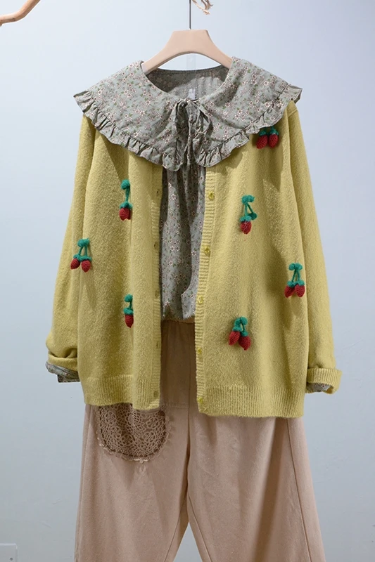 

Mori girl Sweater sweet solid Cherry knitted sweater cardigan Japan style sweater