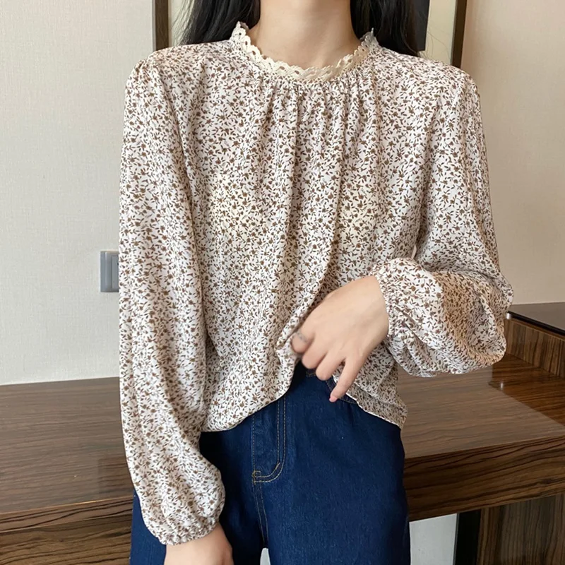 

Women's Floral Print Lace Casual Chiffon Long Sleeve Shirt Blouses