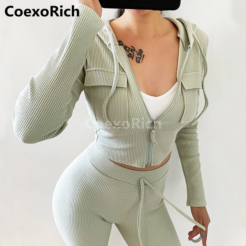 

2022 Leisure Women Running Sports Suit Long Sleeve Zipper Hooded Crop Top High Waist Fitness Leggings Sportswear with Pocket