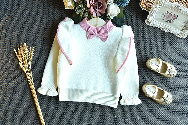 Winter Cute Korean Children Clothes Warm Clothes Autumn Little Girls Clothing Set Bow Tie Knit Flying Sleeve Sweater Top&skirt