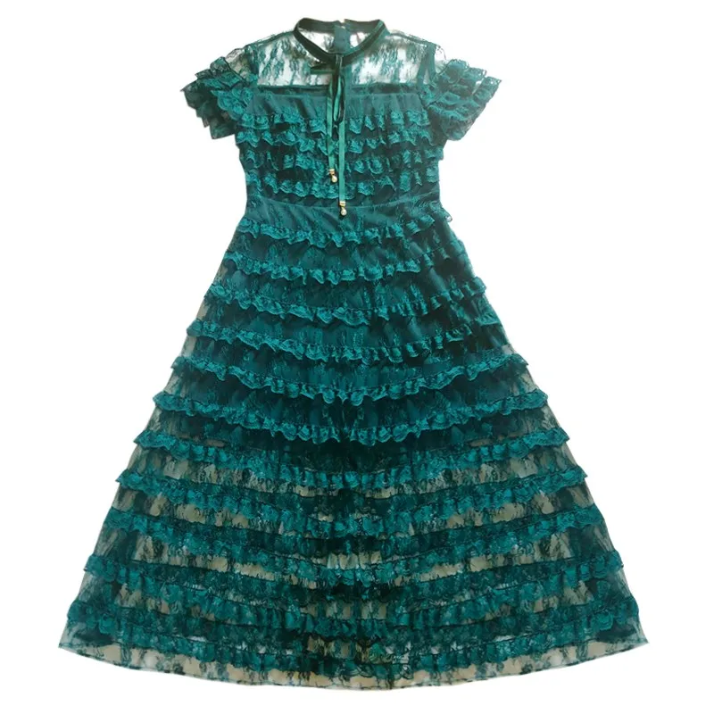 

New Women Lace Cascading Ruffles Maxi Long Dress Brand Top Quality Short Sleeve Lace Up Dress Slim Fit Party Layered Dress