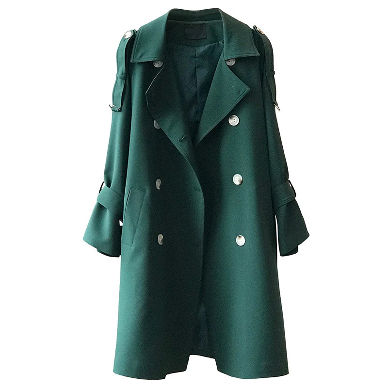 

Vintage Green Double Breasted Long Trench Coat Women Loose Straight Lace Up Elegant Chic Coats With Belt 2020 Fall Women Clothes