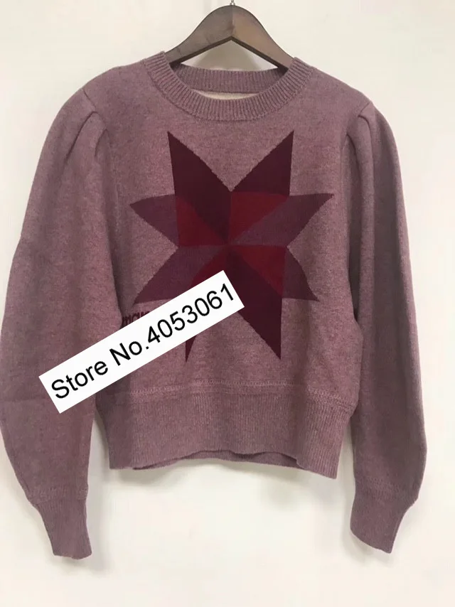 pink as pic Хлопковый и шерстяной свитер с геометрическими узорами и буквенным принтом с круглым вырезом-женский серый/розовый вязаный пуловер с пышными рукавами - Цвет: pink as pic
