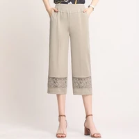 summer middle aged women thin cropped pants high waist straight pants hollow out loose female casual capris pants 5xl