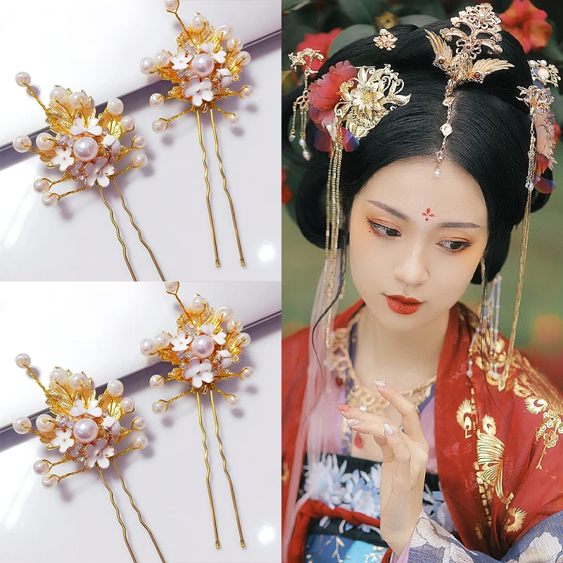 

Golden Wedding Bride Pearl Hairpins With Flower Chinese Ancient Hair Flower Princess Headdress Ornaments