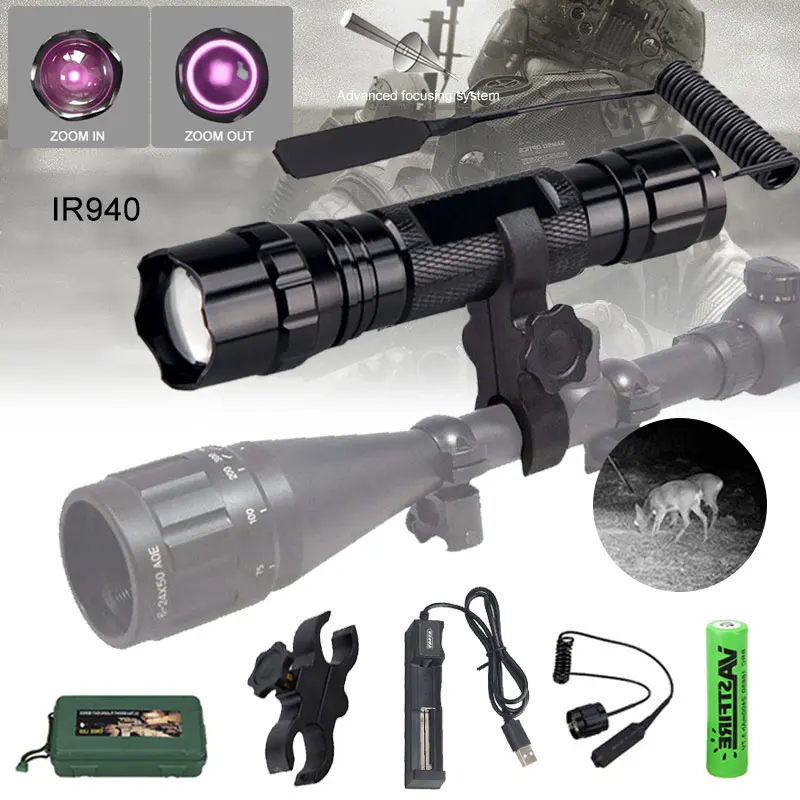 

501B IR850nm Zoomable Weapon Light LED Infrared Radiation Night Vision Hunting Flashlight+Rifle Scope Mount+Switch+18650+Charger