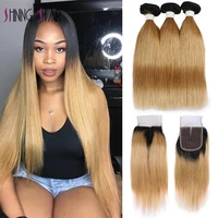 brazilian straight hair ombre bundles with closure human hair weave 1b 27 honey blonde 3 bundles with closure shining star remy