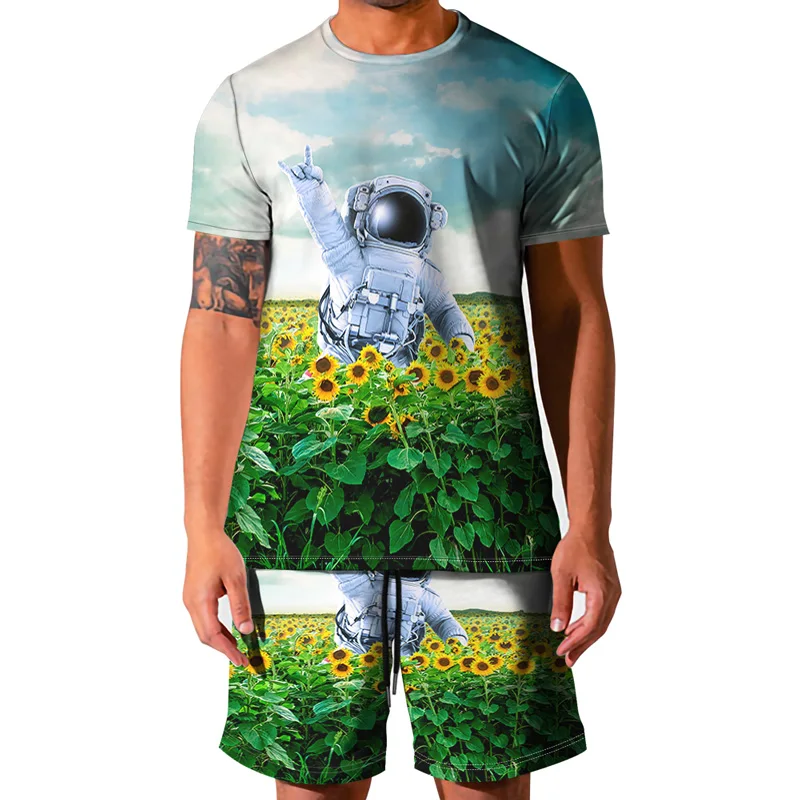 

2021 Summer Mens Comfortable Casual Tees 3D Astronaut Plant Flowers Fashion Printing Tshirt Shorts 2 Piece Set Large Size 6XL