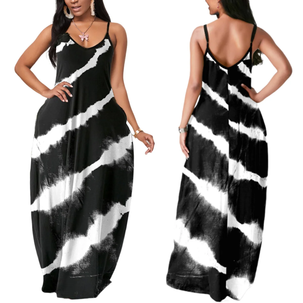 

2021 summer fashion summer casual sling A- line straight multi-color multi-size loose sleeveless V-neck dress pocket