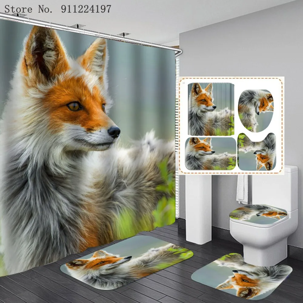 

Animal Fox Phoenix Printing Waterproof Fabric Bathroom Curtain Shower Curtains Set Anti-skid Rugs Toilet Lid Cover Bath Mat
