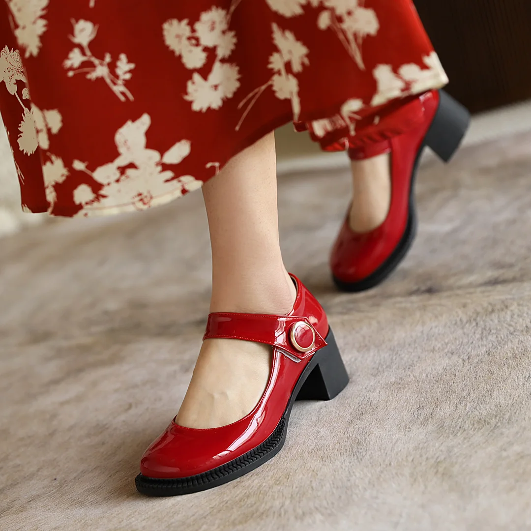 

Retro style round toe high heels fashion paint Mary Jane buckle beaded black red apricot high-heeled chunky women's shoes
