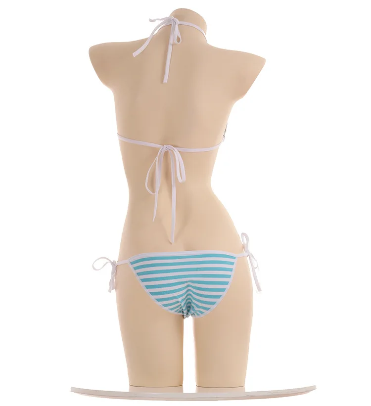 Anime Miku Kawaii Mini Bikini Cosplay Blue White Striped Micro Bikini Swimming Suit for Women Tie Side Swimsuit Set