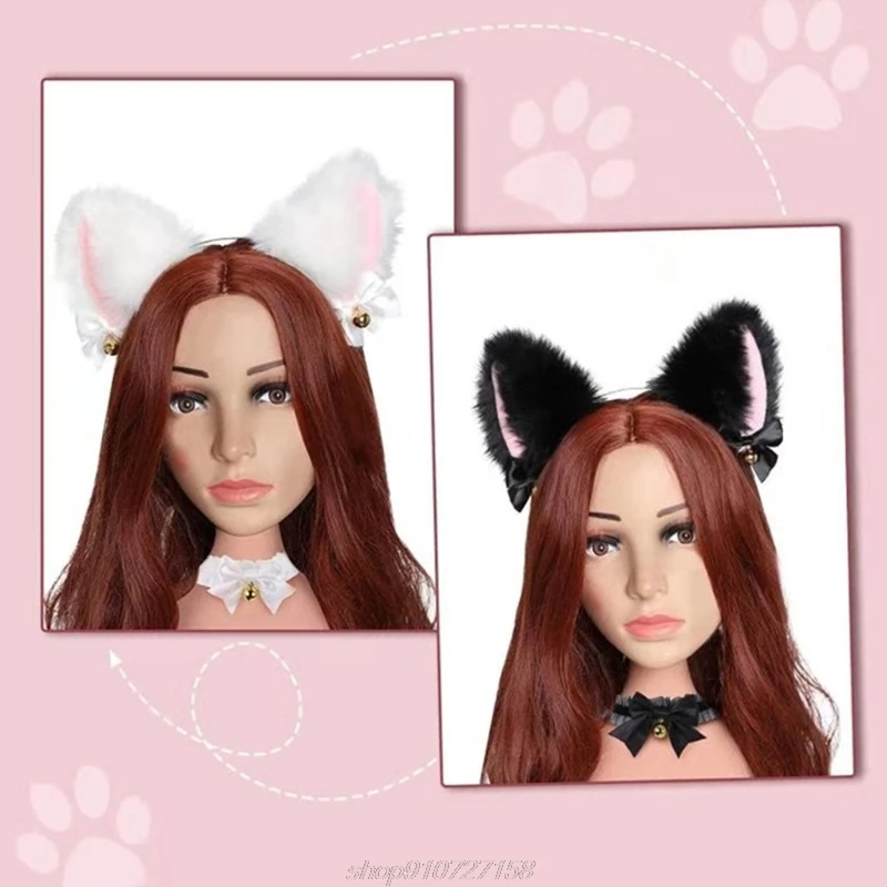 

Faux Fur Kitten Ears Headband with Choker Necklace Set Sweet Bowknot Bell Lolita Hair Hoop Anime Maid Cosplay A20 21 Dropship