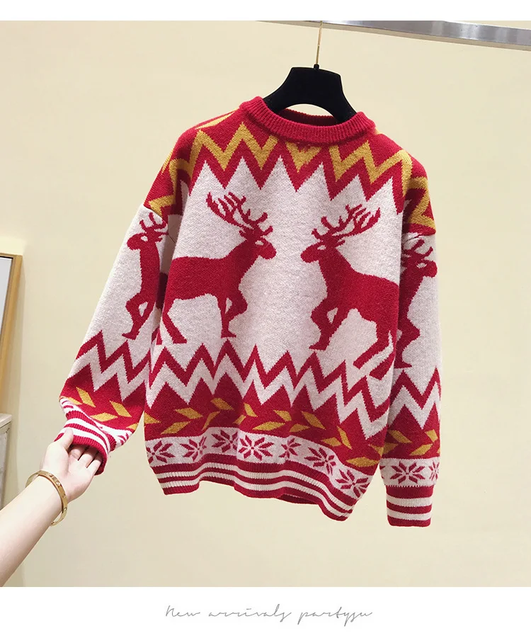 

RCWC Sweaters Women and Men Couples INS New Autumn Winter Loose Deer Printing Wild Round Neck Bottoming Sweater Top Tide