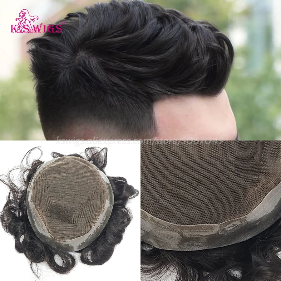 

K.S WIGS Transparent PU & Swiss Lace Men Toupee 130% Density Natural Hair Wig 100% Indian Human Hair Male Capillary Prosthesis