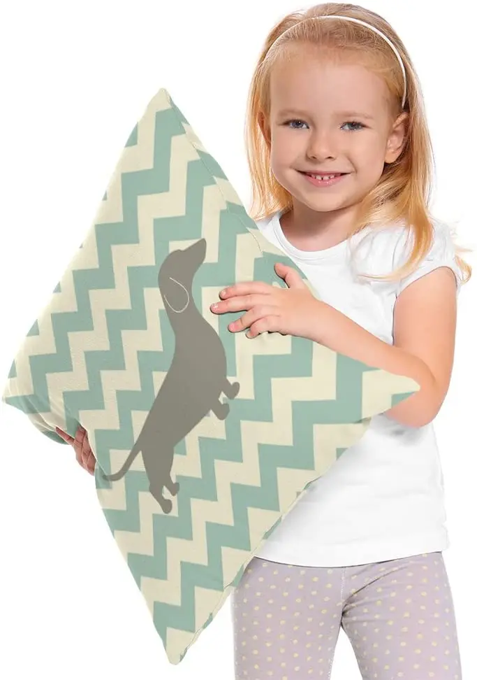 

Dachshund Dog Pillow Dachshund Pattern Dog Teal Waves Striped Cotton Linen Cushion Cover Square Pillow Cases for Men Women Boys