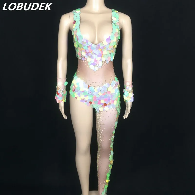 

Sexy V Neck Single Leg Jumpsuit Glitter Sequins Rhinestones Stage Costume Nightclub Bar Women DJ Singer Dancer Performance Wear